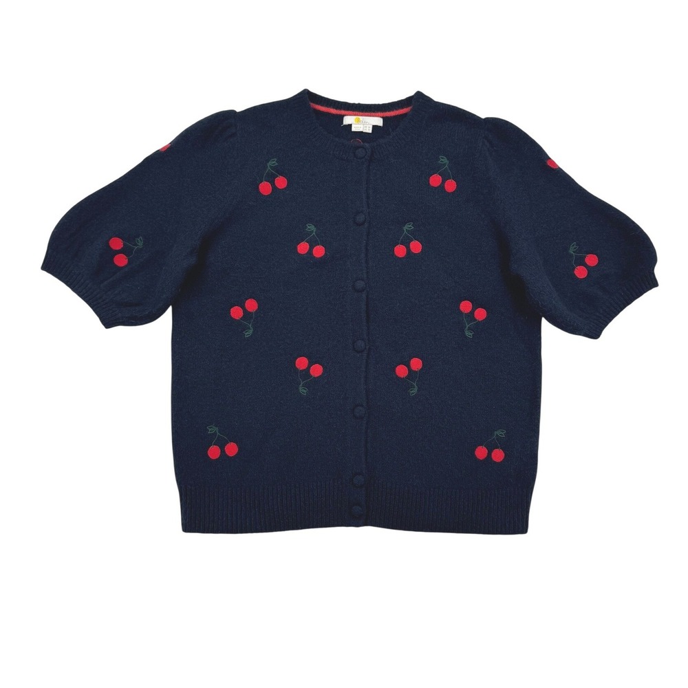 Boden Cherry Embroidered Cardigan Women 10 Navy Blue Excellent Short Sleeve Puff